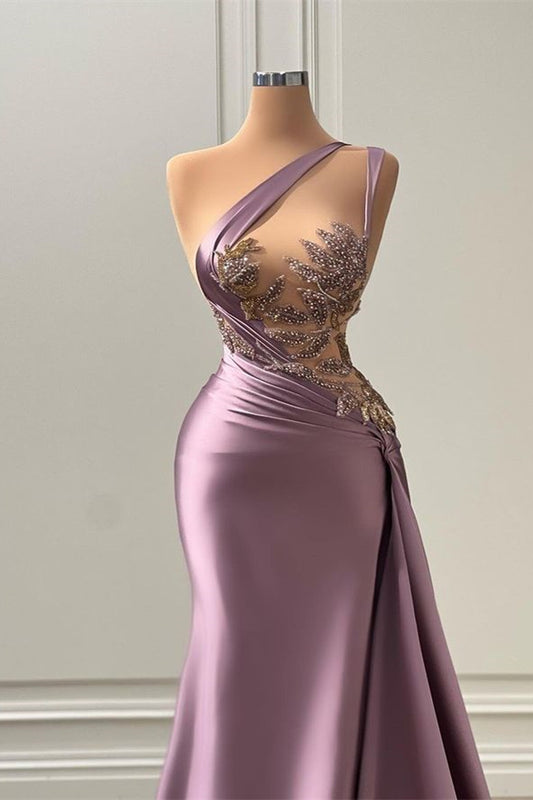 Purple Sleeveless One Shoulder Prom Dress Pleated with Beads - liymcdress