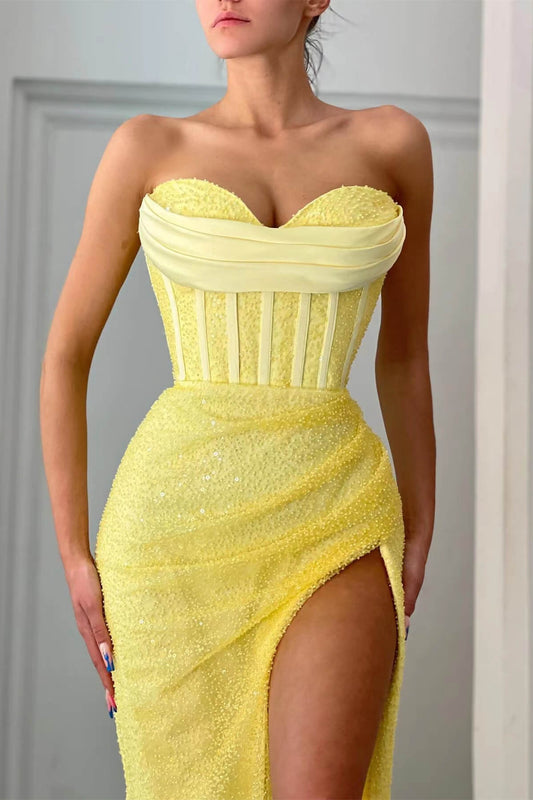 Charming Yellow Strapless Sweetheart Prom Dress Pleated with Split