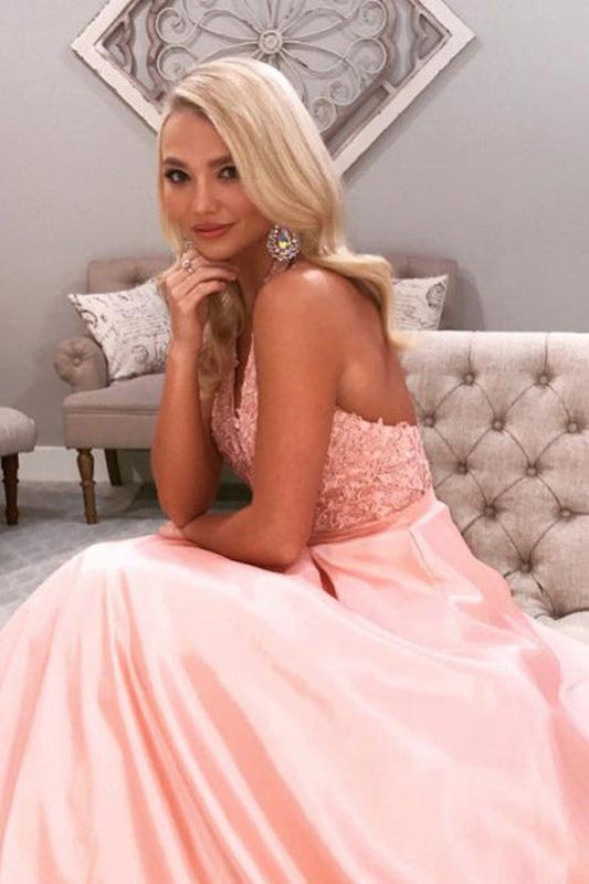 LTP0415,Charming A-Line Halter Backless Sweep Train Long Pink Prom Dress with Appliques
