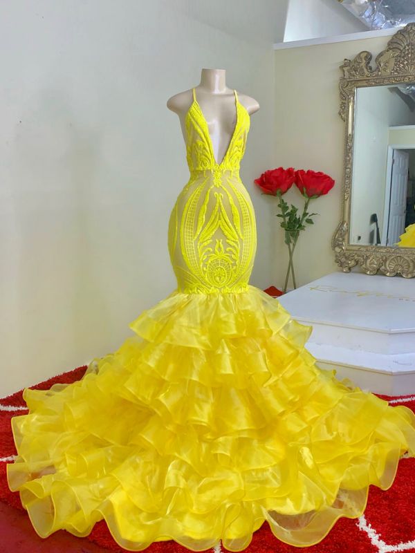 Yellow Spaghetti-Straps V Neck Mermaid Prom Dress with Ruffles - liymcdress