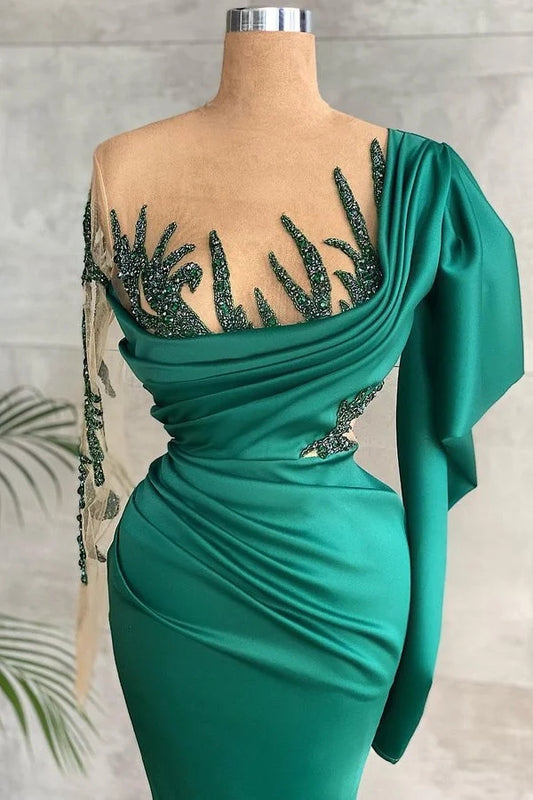 Dark Green Long Sleeve Asymmetric Mermaid Prom Dress Split with Pleated