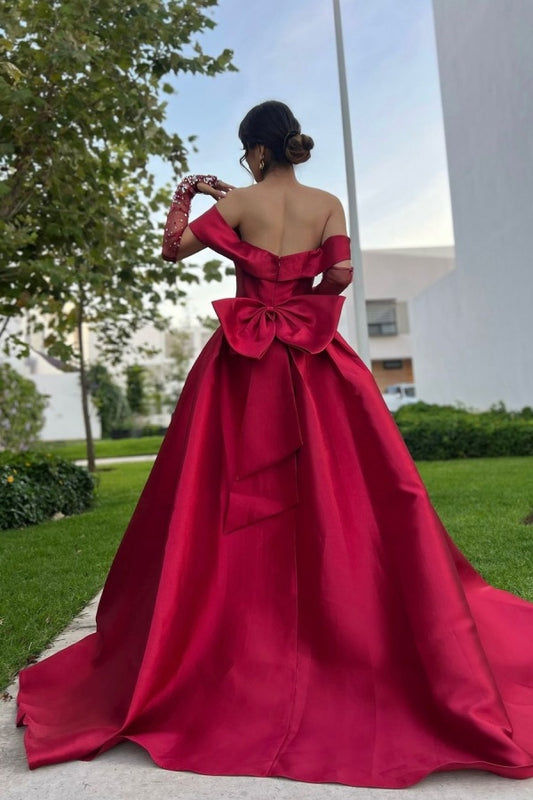 Burgundy Off-the-Shoulder A-Line Prom Dress Long Slit with Beaded Gloves - liymcdress