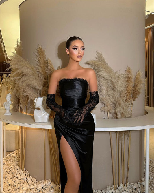 Black Charming Strapless Long High Slit Prom Dress With Gloves | Liymcdress
