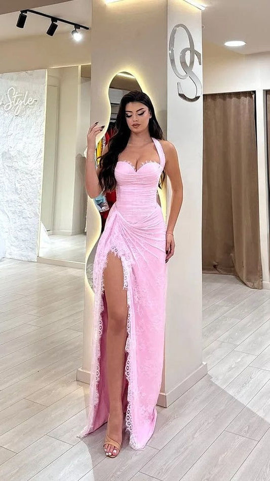 Beautiful Pink Sweetheart Halter Sleeveless Lace Prom Dress Mermaid With Side Split,AST2304