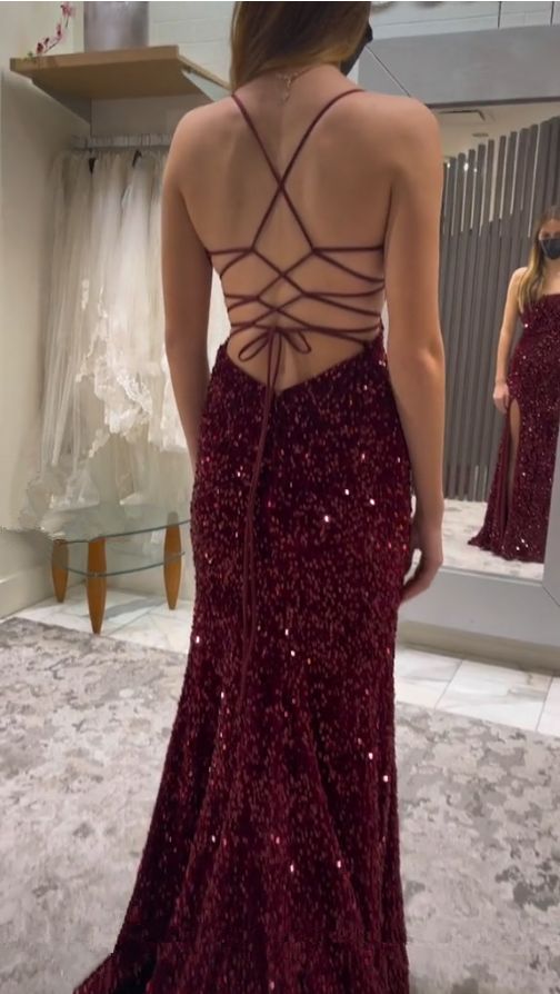 Sexy Sequin Prom Dresses Mermaid Burgundy Gala Dress Long