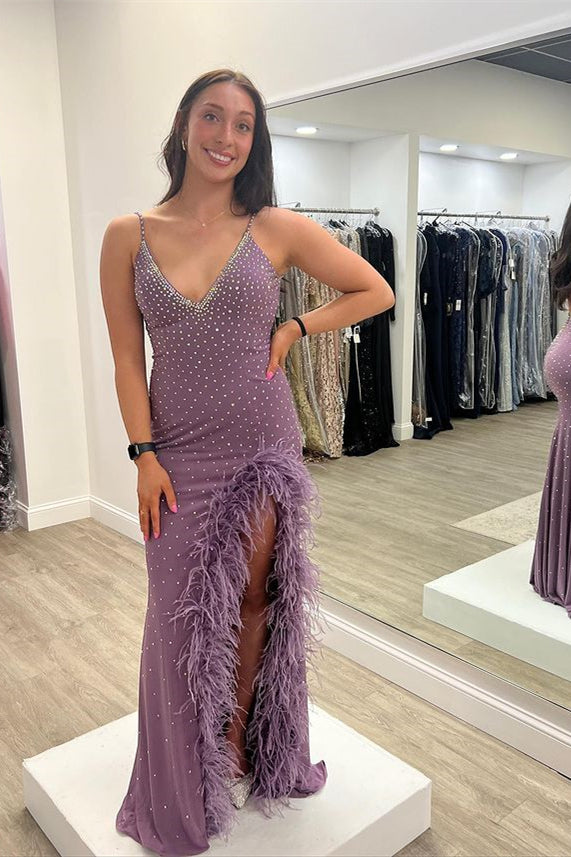 Purple Spaghetti-Strap Long Beaded Prom Dress with Feather - liymcdress