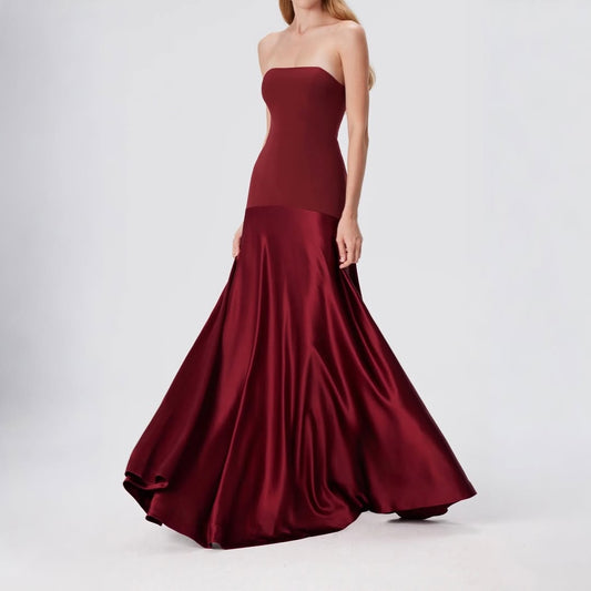 Burgundy Strapless Straight Across Prom Dress Sheer with Pleated - liymcdress