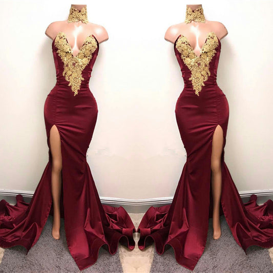 Burgundy V-Neck Mermaid Prom Dress Split with Lace Appliques - liymcdress