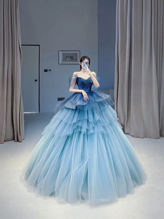 Stunning Ball Gown Gradite Tulle Puffy Sweetheart Short Sleeves Blue Ruffles Pleated Long Prom Dresses Sweet 16 Dresses Y6786