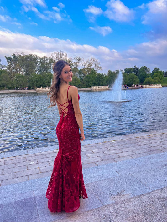 Burgundy Mermaid Lace Sequins Prom Dress Formal Wear Dresses fg6922
