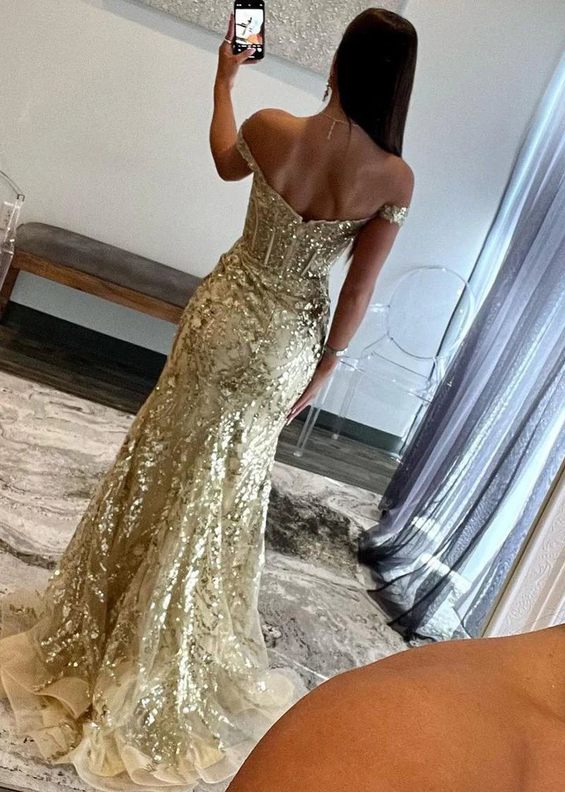 Shining Gold Off-Shoulders V-Neck Prom Dress High Split with Applique