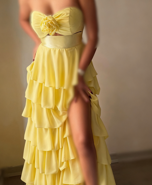 Yellow Strapless Sweetheart A-Line Prom Dress with Ruffles - liymcdress