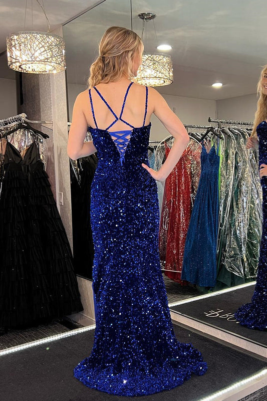 Glittery Royal Blue Mermaid Sequin Long Prom Dress with Slit,Sequins Party Dresses
