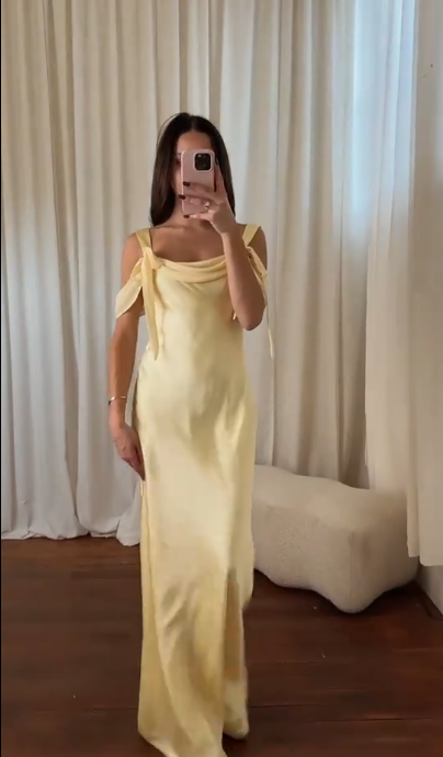 Elegant Yellow Off The Shoulder Satin Chiffon Long Party Dress Formal Bridesmaid Dress SP250