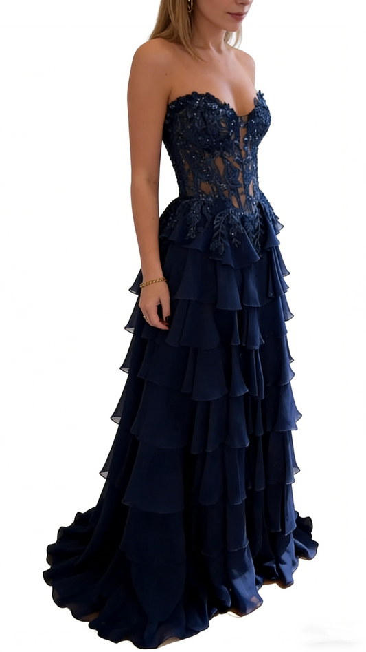 Gorgeous Strapless Navy Blue Chiffon Layered Long Party Dress Birthday Prom Dress With Appliques SP1673