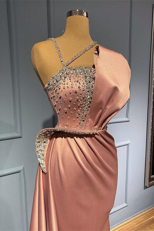 Elegant Pink Halter Asymmetric Mermaid Prom Dress Pleated with Rhinestone