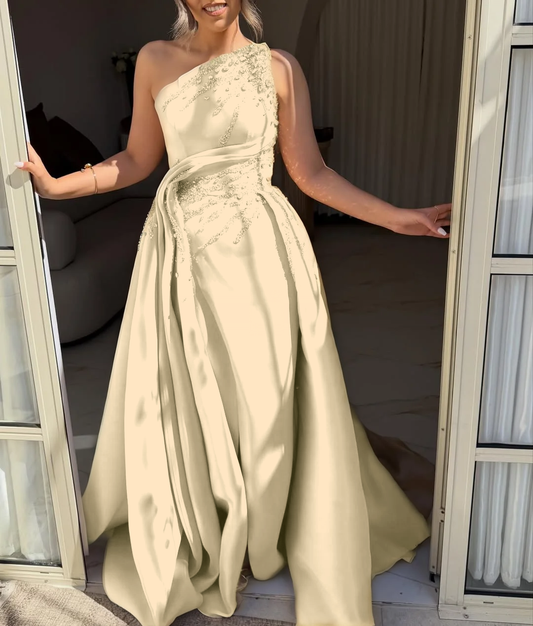 Light Gold One Shoulder Sleeveless A Line Prom Dress Pleated with Rhinestone - liymcdress