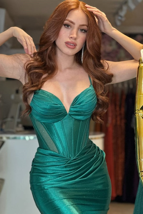 Shining Dark Green Spaghetti-strap Mermaid Prom Dress Sleeveless QL0011