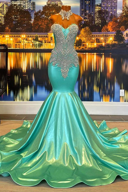 Green Halter Sleeveless Mermaid Prom Dress Floor Length with Rhinestone