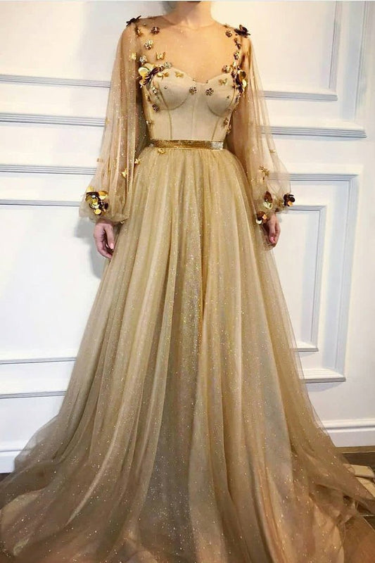 LTP0420,Gold prom dresses long sleeves a line evening dress gold applique party dress