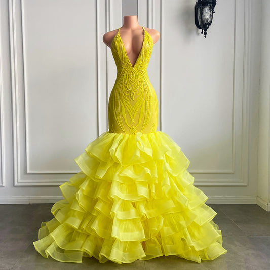 Bright Yellow V Neck Halter Mermaid lace Prom Dress with Ruffle - liymcdress