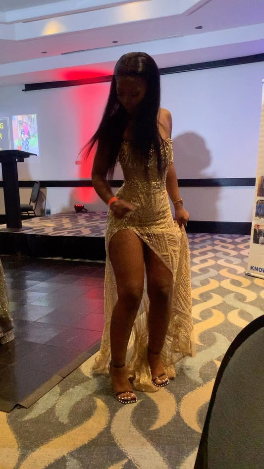 Sexy Gold Long Prom Dress Evening Party Dresses With Slit fg7699