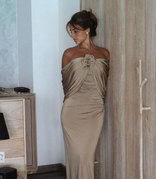 Party Dresses Champagne Evening Dress For Women Sleeveless Floor Length 3D Flower Formal Elegant Dress fg7598