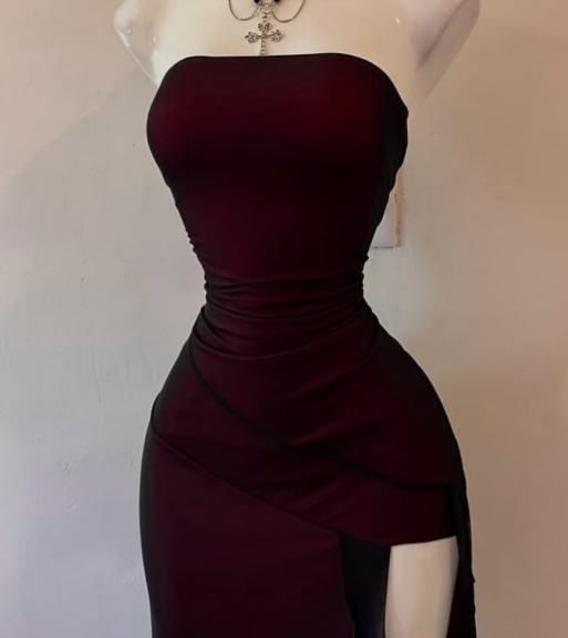 Vintage Strapless Burgundy Sheath Slit Prom Dress Birthday Party Dress Y9635