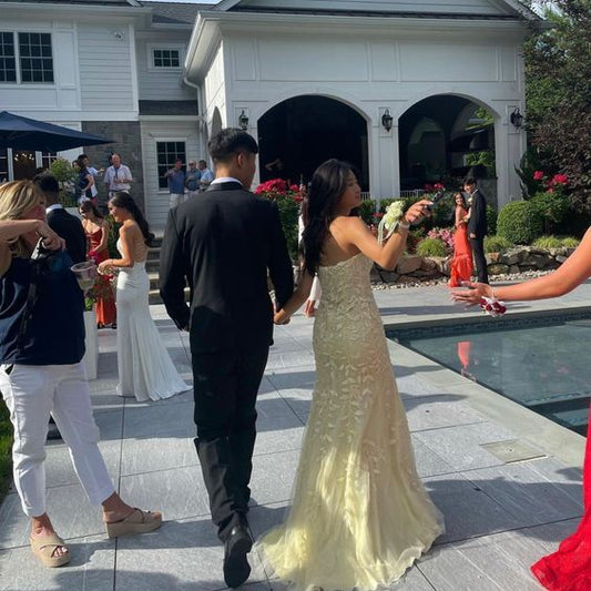 Fancy Lace Long Prom Dress Yellow Strapless Gala Dresses with Slit