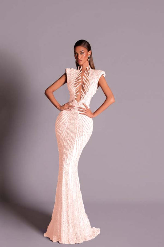 Glitter Light Gold V Neck Mermaid Prom Dress with Beadings - liymcdress