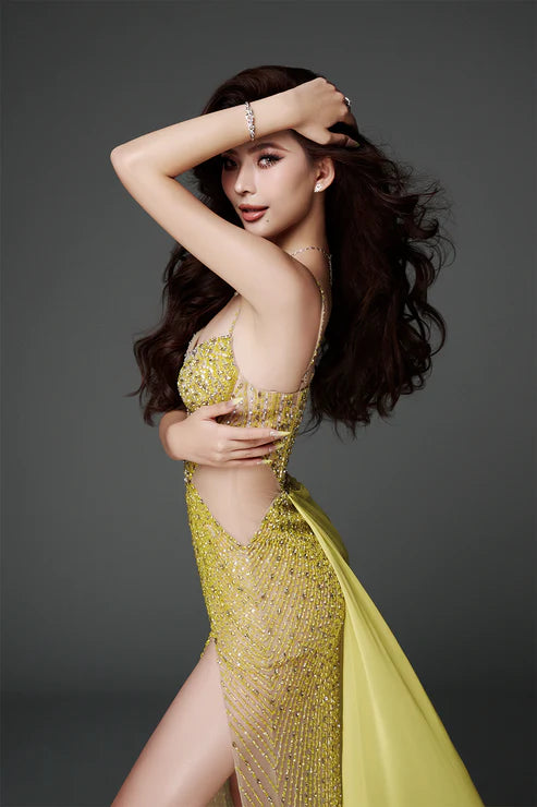 Yellow Sweetheart Spaghetti Strap Split Mermaid Prom Dress with Rhinestone - liymcdress