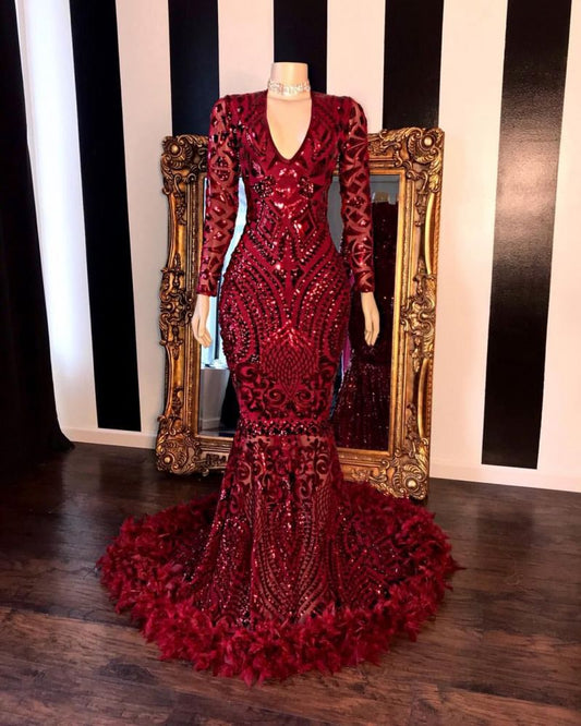 Burgundy Long Sleeves Sequins Prom Dress Mermaid | Liymcdress