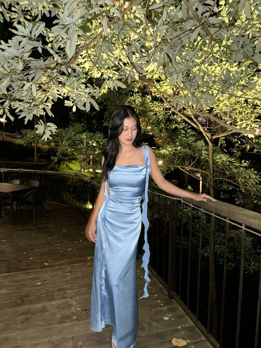 Classy Spaghetti Straps Blue Satin Mermaid Long Bridesmaid Dress Wedding Guest Dress D1447