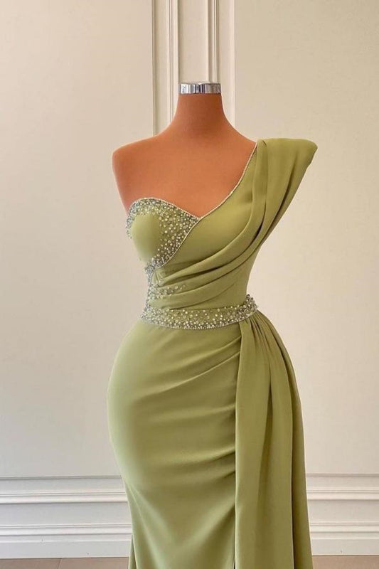 Green One Shoulder Asymmetric Mermaid Prom Dress Pleated with Rhinestone