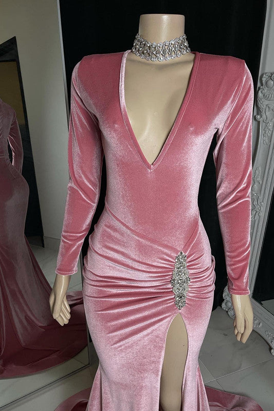 Pink Long Sleeveless Deep V-Neck Prom Dress Mermaid High Split with Pleated