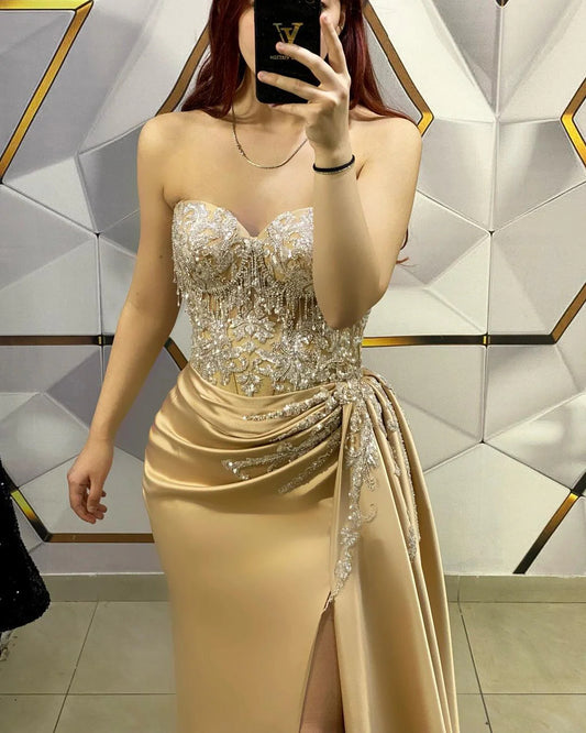 Gold Strapless Sleeveless Sweetheart Prom Dress with Sequins - liymcdress