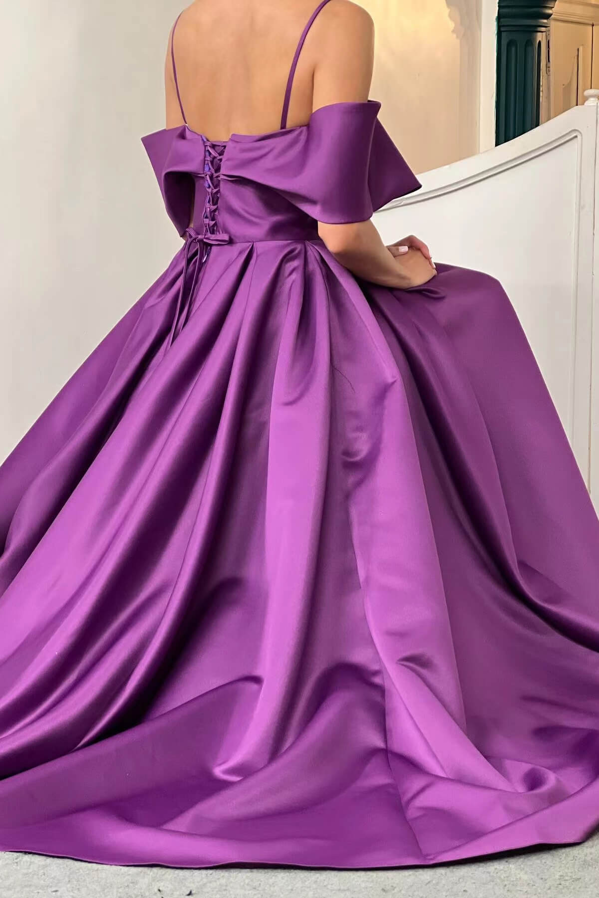 Elegant Purple Off-the-Shoulder A Line Prom Dress with Pockets - liymcdress
