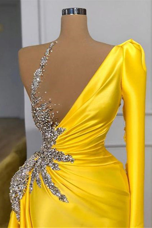 Yellow One Shoulder Long Sleeves Mermaid Prom Dress with Pleated - liymcdress