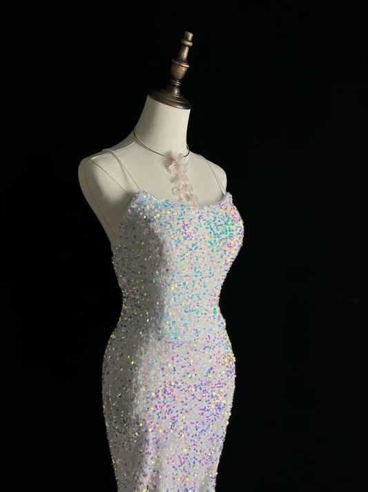 Sparkly White Spaghetti Straps Sequins Prom Dress,Mermaid Slit Tassel Evening Dress Y8648
