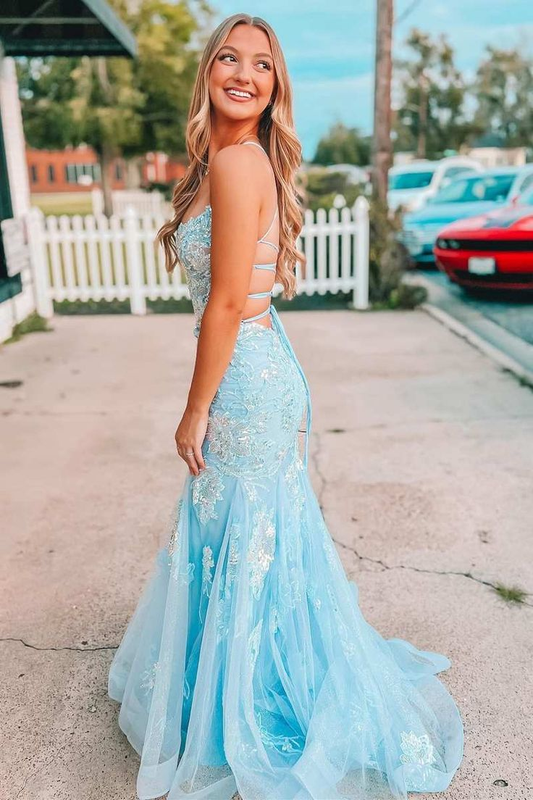 Light Blue Appliques Straps Lace-Up Mermaid Long Prom Dress Y6179