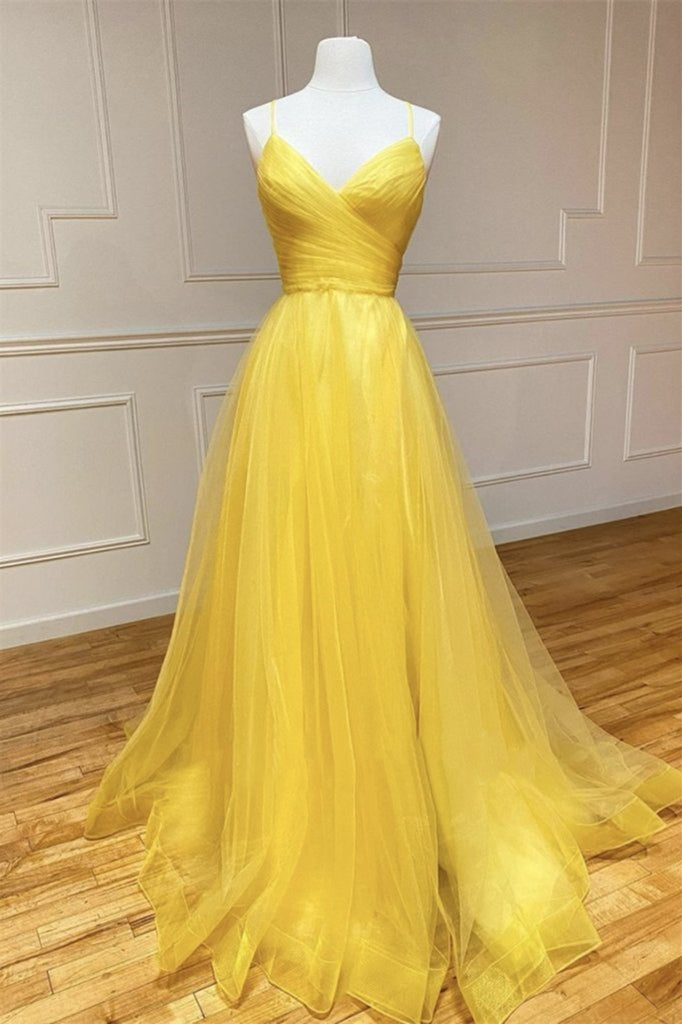 Yellow Spaghetti-Straps V Neck Prom Dress String Back - liymcdress
