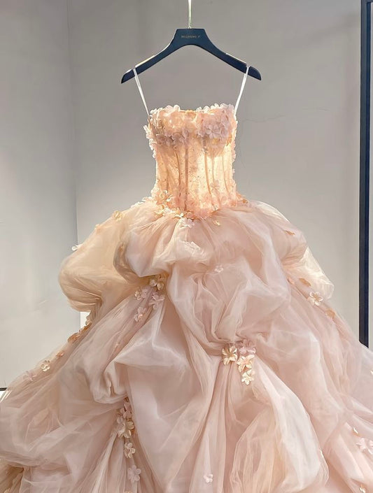 Pink Romantic A Line Strapless Appliques Layered Tulle Prom Dress Party Dress SH3298