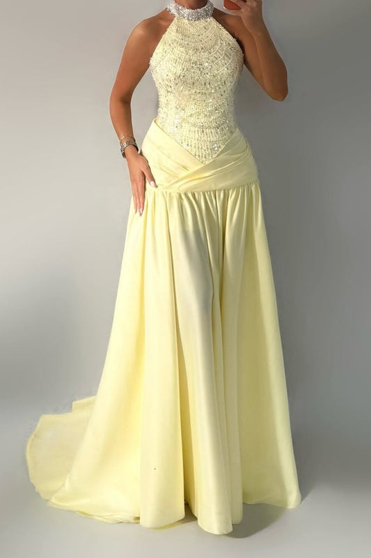 Yellow Haler Sleeveless Mermaid Prom Dress with Beadings - liymcdress