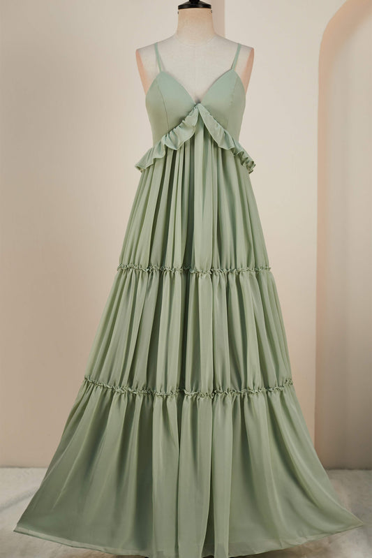 Dusty Sage Lace-Up Deep V Neck Ruffled Empire Long Bridesmaid Dress