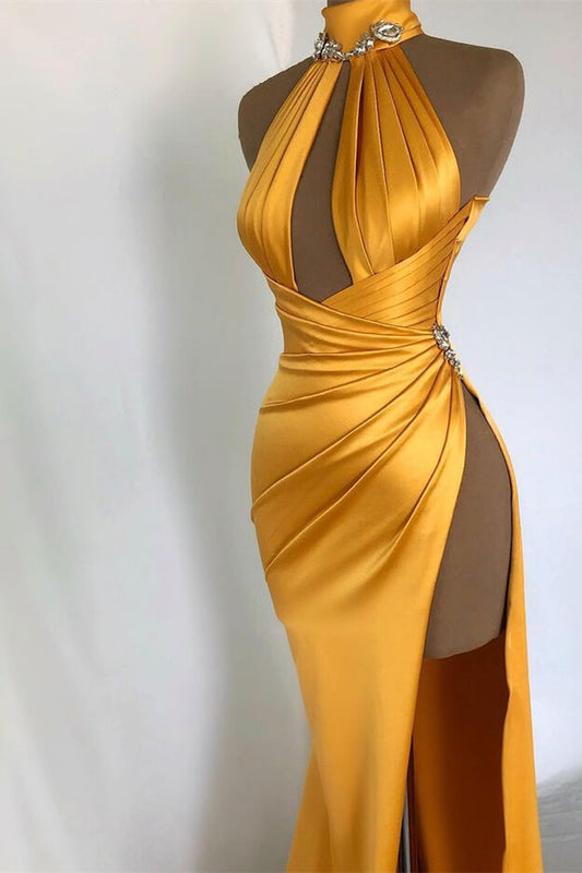 Charming Gold Halter Sleeveless Mermaid Prom Dress High Split with Pleated