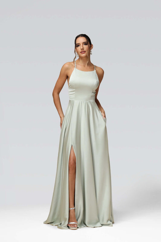 liymcdress Prom Dress Spaghetti Strap Long Light Green Sleeveless Slit YX0026