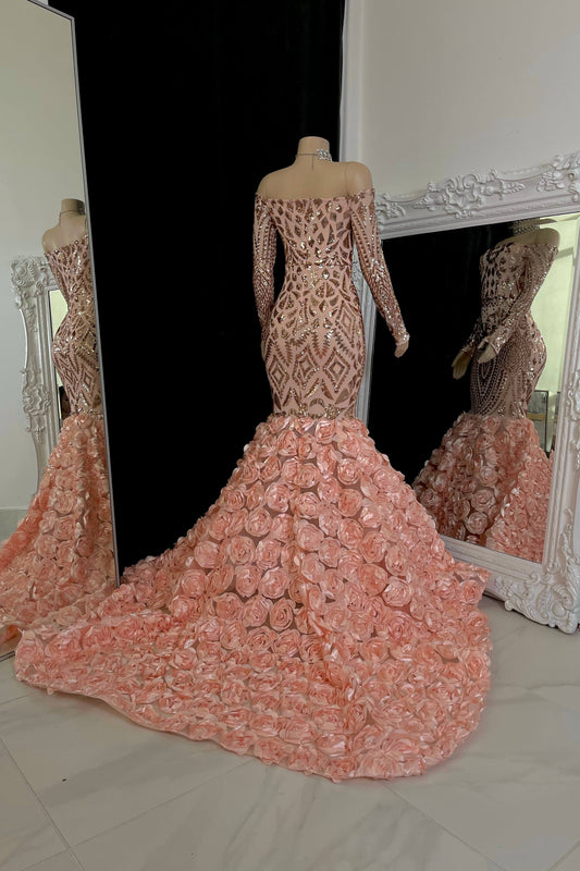 Fashion Pink Long Sleeve Straight Across Prom Dress Mermaid with Flower