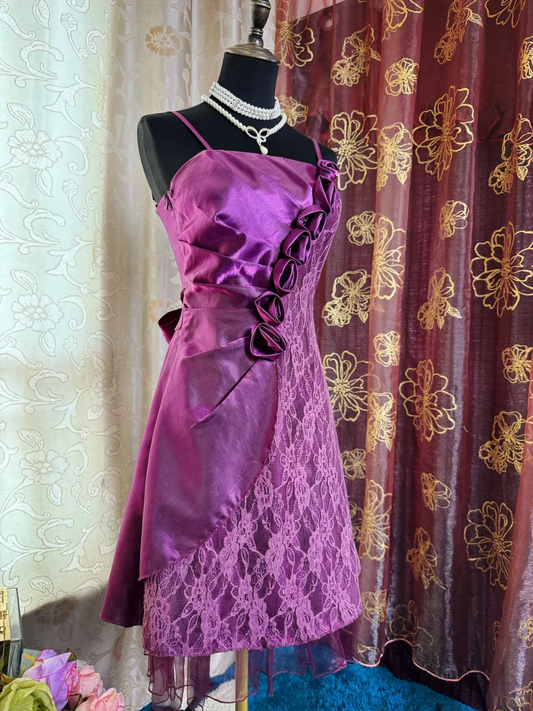 Vintage Spaghetti Straps Purple Satin Lace Short Homecoming Dress Birthday Dress SP85