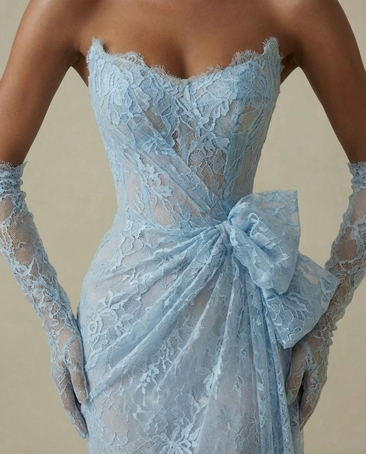 Blue Sweetheart Pleated Mermaid Prom Dress with Lace - liymcdress