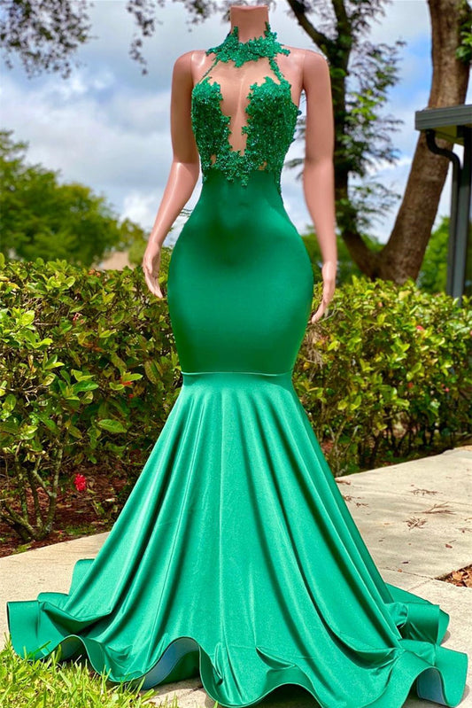 Green Halter Sleeveless Mermaid Prom Dress Floor Length with Pleated